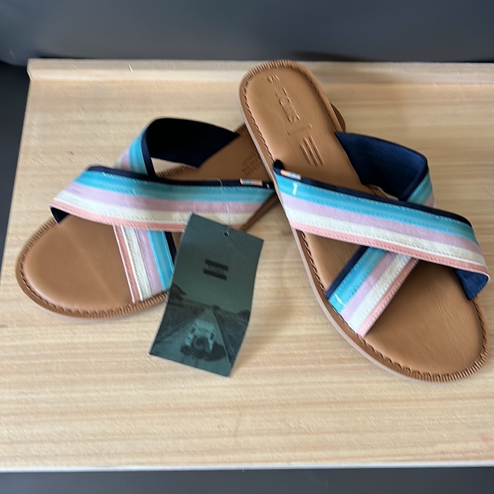 Toms Brown Sandals with Pink, Blue and White Striped Straps- NWT